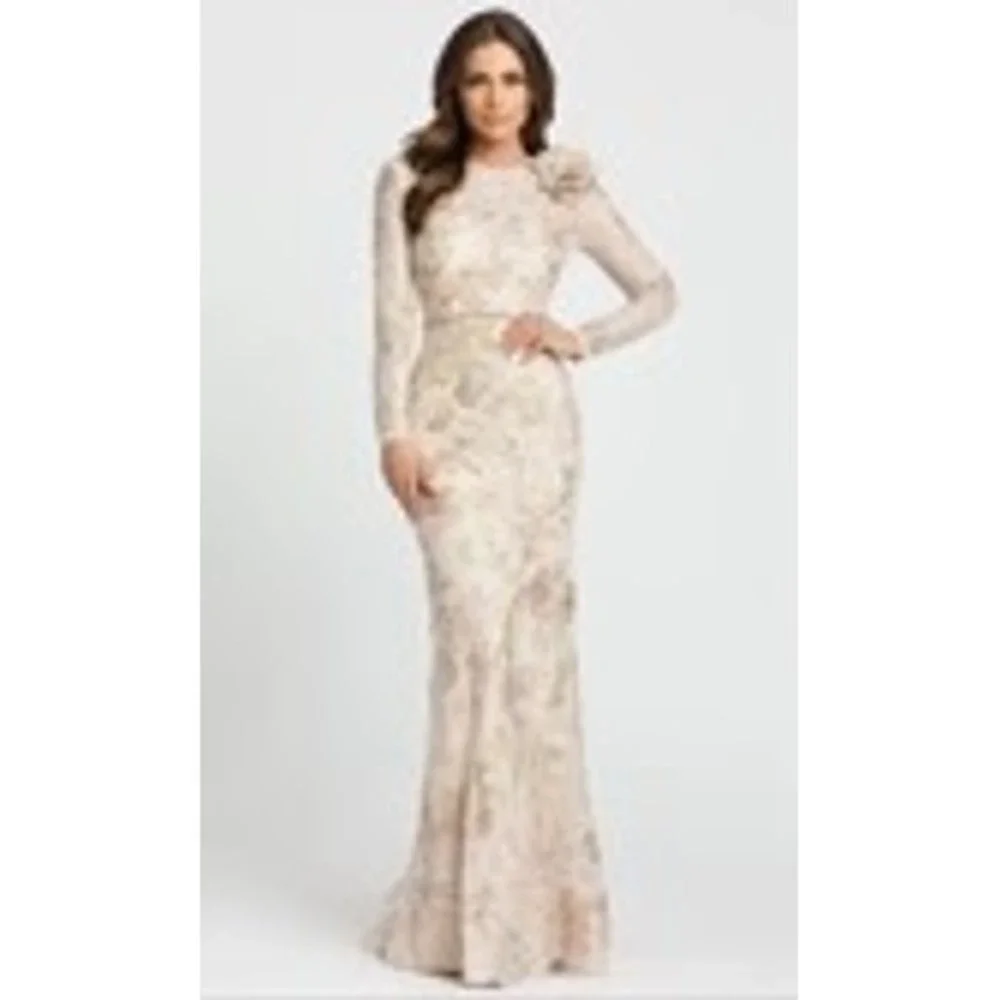Mac Duggal 11174 Floral Sequin Lace Gown Blush Gold‎ Long Sleeve Gown Sz 14 $798